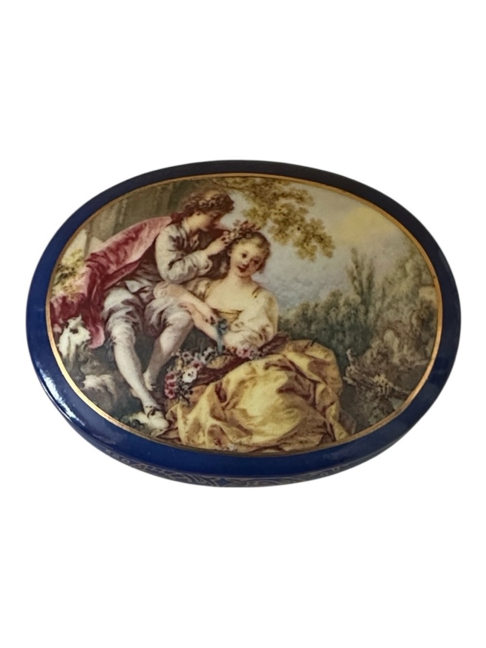 Limoges Vintage Oval Trinket /Pill Box with Romantic Scene Cobalt Blue Porcelain